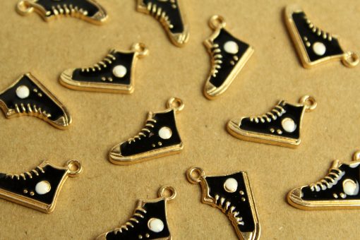 10 pc. Enameled High Top Sneaker Charms, Black, White, and Gold, 19.5mm x 12.5mm | MIS-022**