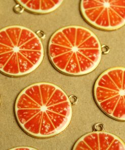 5 pc. Pink Grapefruit Enameled Charms, 25mm x 20mm, Fruit Pendant Gold Fruity Citrus Summer Spring Treat Slice Sliced Nickel Free | MIS-110*