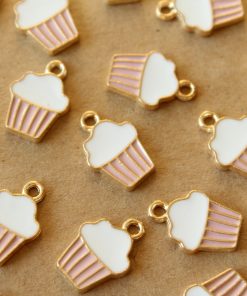 8 pc. Pink, White, and Gold Enameled Cupcake Charms, 16mm x 11mm | MIS-156