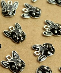 6 pc. French Bulldog Charms, Black and Silver Enameled, 15mm x 14mm | MIS-214