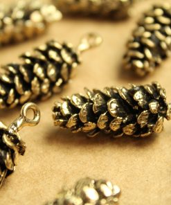 3 pc. Jumbo Antique Gold Pine Cone Charms, 39mm by 15mm, Large Pinecone Realistic Tree Seed Evergreen Woodland Heavy Antiqued | MIS-224