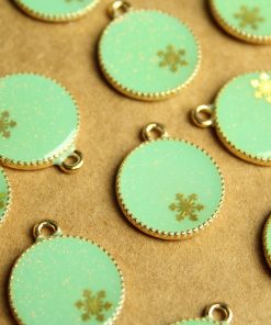 6 pc. Enameled Mint Green and Gold Snowflake Glitter Globe Charms, 21.5mm by 17.5mm | MIS-276
