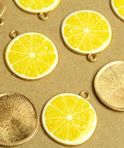 5 pc. Lemon Enameled Charms, 25mm x 20mm, Fruit Pendant, Gold Fruity Citrus Summer Spring Treat Slice Sliced Nickel Free | MIS-231