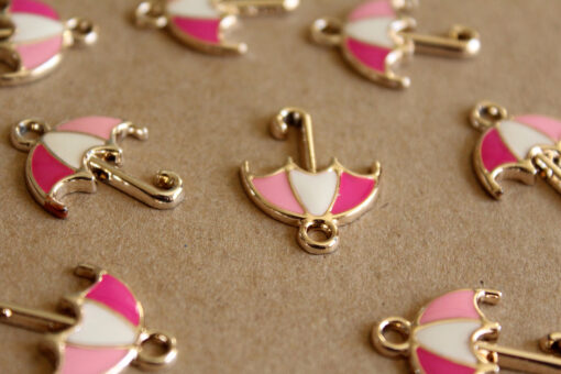 5 pc. Pink, White and Silver Enameled Umbrella Charms, 19mm x 25mm | MIS-159