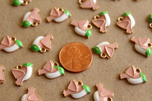 5 pc. Pink, White, Green and Gold Enameled Bird Charms, 15mm x 11mm | MIS-147