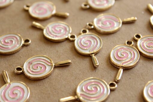 6 pc. Pink, White, and Gold Enameled Lollipop Charms, 27mm x 14mm | MIS-154