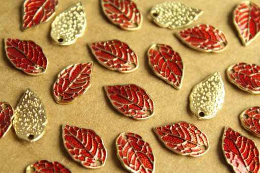 5 pc. Red Enameled Leaf Charms: 16mm by 9mm | MIS-174*