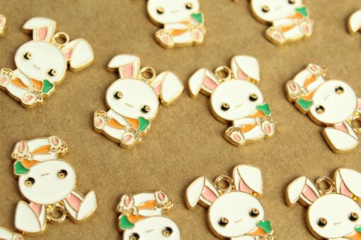 5 pc. Bunny Rabbit Charms, White, Pink, Orange, Green, and Gold Enameled Charms, 24mm x 20mm | MIS-116*