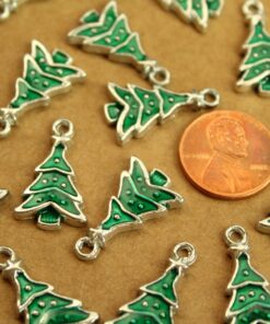 10 pc. Enameled Green and Silver Christmas Tree Charms: 23.5mm by 14mm | MIS-068