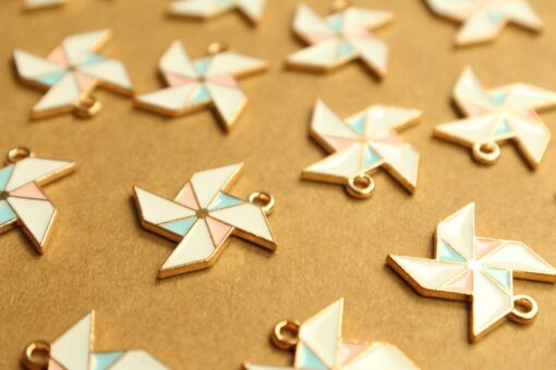 4 pc. Pink, White, Blue, and Gold Enameled Pinwheel Charms, 14.5mm x 17mm | MIS-354