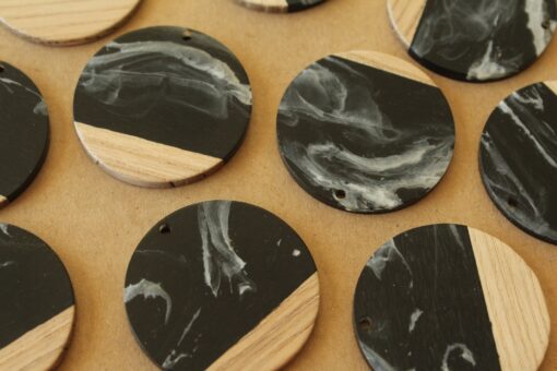 2 pc. Black and White Marbled Resin and Wood Circle Pendants, 38.5mm diameter | MIS-413