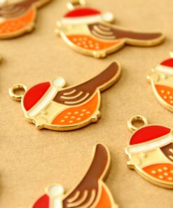 5 pc. Enameled Orange and Brown Bird with Hat Charms, 25mm x 23mm | MIS-446