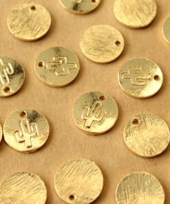 6 pc. 16K Gold Plated Cactus Circle Charms: 16mm diameter - Cacti Saguaro | MIS-453