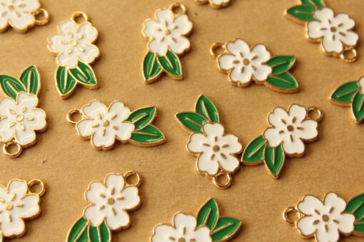 12 pc. White and Gold Enameled Flower and Leaf Charms, 24.5mm x 14.5mm | MIS-459