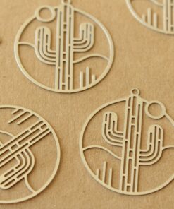 6 pc. Laser Cut Stainless Steel Cactus Circle Charms: 33mm by 30mm - Cactus Saguaro Sun Desert | MIS-506