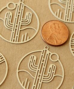 6 pc. Laser Cut Stainless Steel Cactus Circle Charms: 33mm by 30mm - Cactus Saguaro Sun Desert | MIS-506