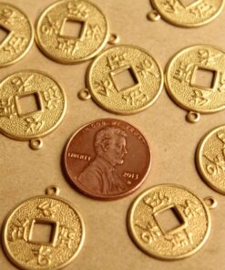 12 pc. Raw Brass Chinese Coin Charms: 17mm by 20mm - made in USA | RB-823