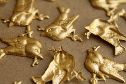 6 pc. Raw Brass Perched Bird Stampings: 22.5mm by 24mm - made in USA | RB-172