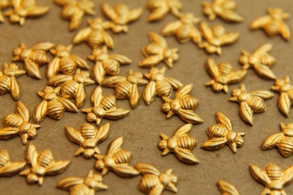 12 pc. Tiny Raw Brass Bees: 7mm by 6mm - made in USA * Also available in 60 and 120 piece * | RB-025