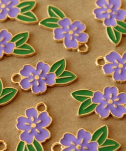 12 pc. Purple and Gold Enameled Flower and Leaf Charms, 24.5mm x 14.5mm | MIS-403