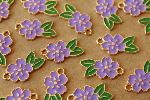 12 pc. Purple and Gold Enameled Flower and Leaf Charms, 24.5mm x 14.5mm | MIS-403