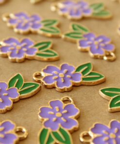 12 pc. Purple and Gold Enameled Flower and Leaf Charms, 24.5mm x 14.5mm | MIS-403