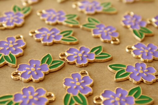 12 pc. Purple and Gold Enameled Flower and Leaf Charms, 24.5mm x 14.5mm | MIS-403
