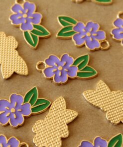 12 pc. Purple and Gold Enameled Flower and Leaf Charms, 24.5mm x 14.5mm | MIS-403