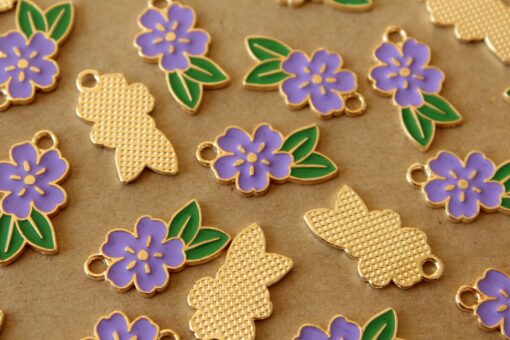 12 pc. Purple and Gold Enameled Flower and Leaf Charms, 24.5mm x 14.5mm | MIS-403
