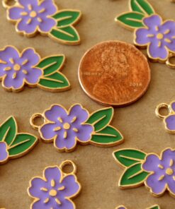 12 pc. Purple and Gold Enameled Flower and Leaf Charms, 24.5mm x 14.5mm | MIS-403