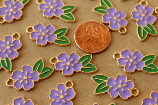 12 pc. Purple and Gold Enameled Flower and Leaf Charms, 24.5mm x 14.5mm | MIS-403
