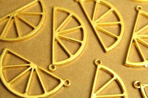 5 pc. Gold Plated Lemon Slice Charms, 42.5mm x 21mm, Orange Slice Fruit Pendant, Gold Fruity Citrus Summer Spring Treat Sliced | MIS-317