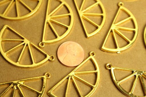 5 pc. Gold Plated Lemon Slice Charms, 42.5mm x 21mm, Orange Slice Fruit Pendant, Gold Fruity Citrus Summer Spring Treat Sliced | MIS-317