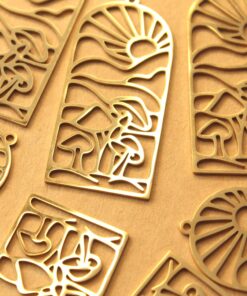 1 pc. Boho Sun and Mushrooms Gold-Plated Stainless Steel Pendant, 48.5mm x 22mm | MIS-083*