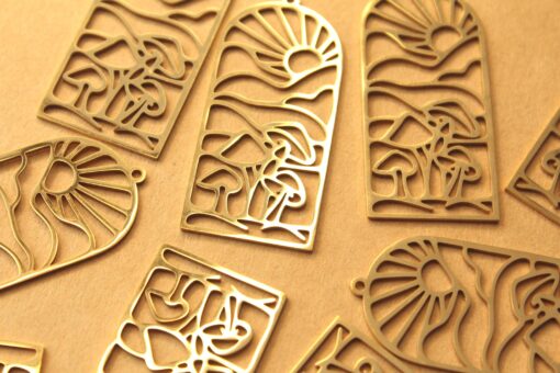 1 pc. Boho Sun and Mushrooms Gold-Plated Stainless Steel Pendant, 48.5mm x 22mm | MIS-083*