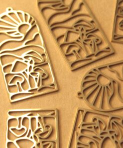 1 pc. Boho Sun and Mushrooms Gold-Plated Stainless Steel Pendant, 48.5mm x 22mm | MIS-083*