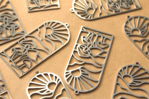 1 pc. Boho Sun and Mushrooms Stainless Steel Pendant, 48.5mm x 22mm | MIS-082*