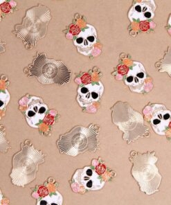 4 pc. Flowery Skull Charms - 29.5mm x 20mm, Sweet & Spooky, Dia de Los Muertos, Halloween Goth Pendant | TMP-010
