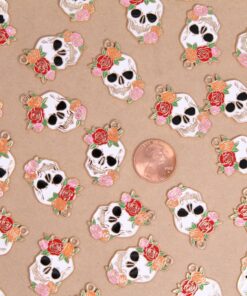 4 pc. Flowery Skull Charms - 29.5mm x 20mm, Sweet & Spooky, Dia de Los Muertos, Halloween Goth Pendant | TMP-010