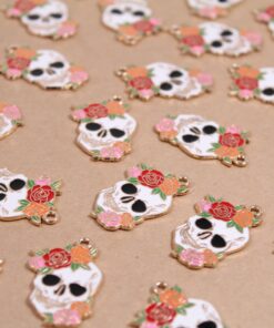 4 pc. Flowery Skull Charms - 29.5mm x 20mm, Sweet & Spooky, Dia de Los Muertos, Halloween Goth Pendant | TMP-010