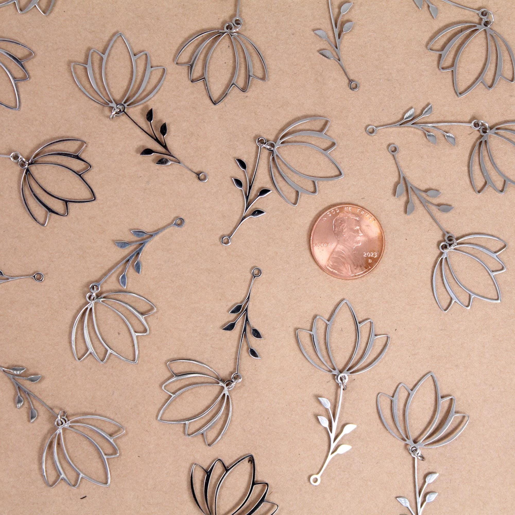 4 pc. Flower and Stem Pendant, 52.5mm long, Dangle Style Charm, Stainless Steel | MIS-107*