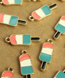 6 pc. Pink, White, Turquoise, and Gold Enameled Popsicle Charms, 25mm x 9mm | MIS-304