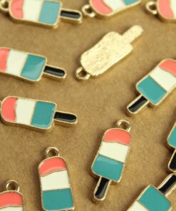 6 pc. Pink, White, Turquoise, and Gold Enameled Popsicle Charms, 25mm x 9mm | MIS-304