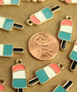 6 pc. Pink, White, Turquoise, and Gold Enameled Popsicle Charms, 25mm x 9mm | MIS-304