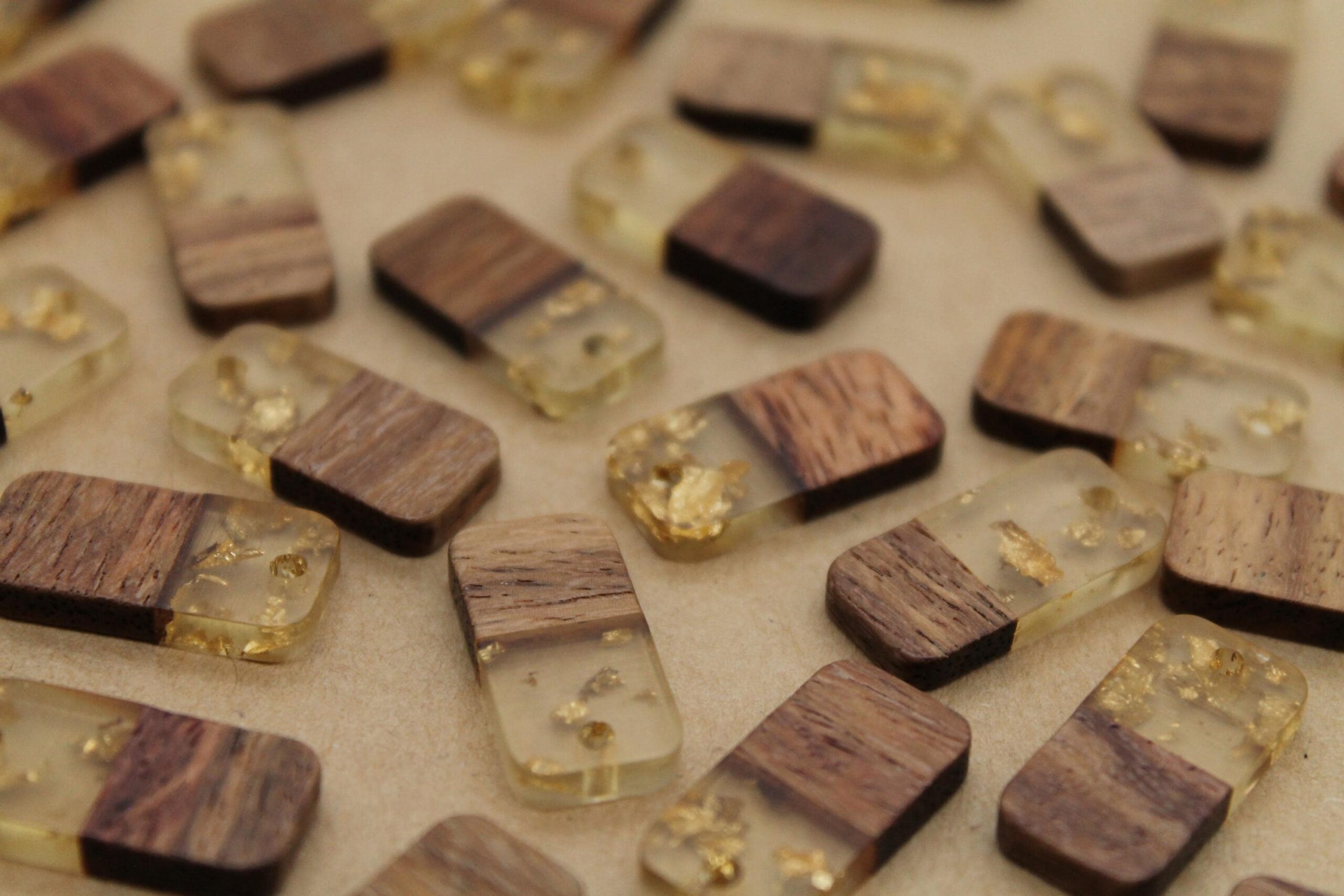 6 pc. Wood and Resin Rectangle Charms, Rounded Corners, Gold Flakes, 21.5mm x 10mm | MIS-156*