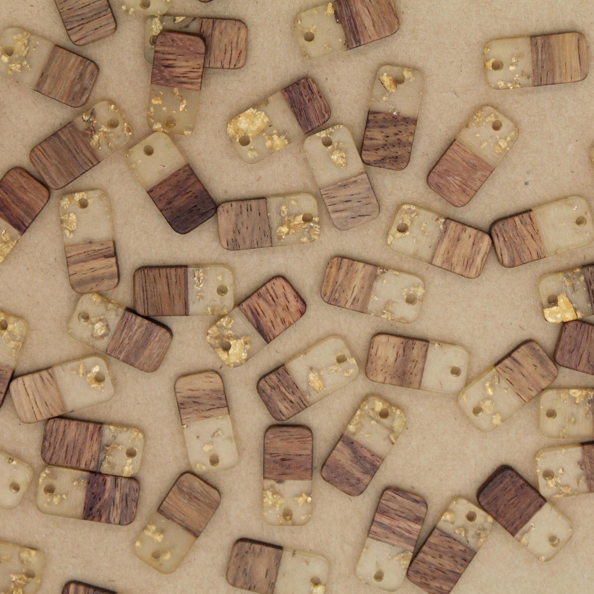 6 pc. Wood and Resin Rectangle Charms, Rounded Corners, Gold Flakes, 21.5mm x 10mm | MIS-156*