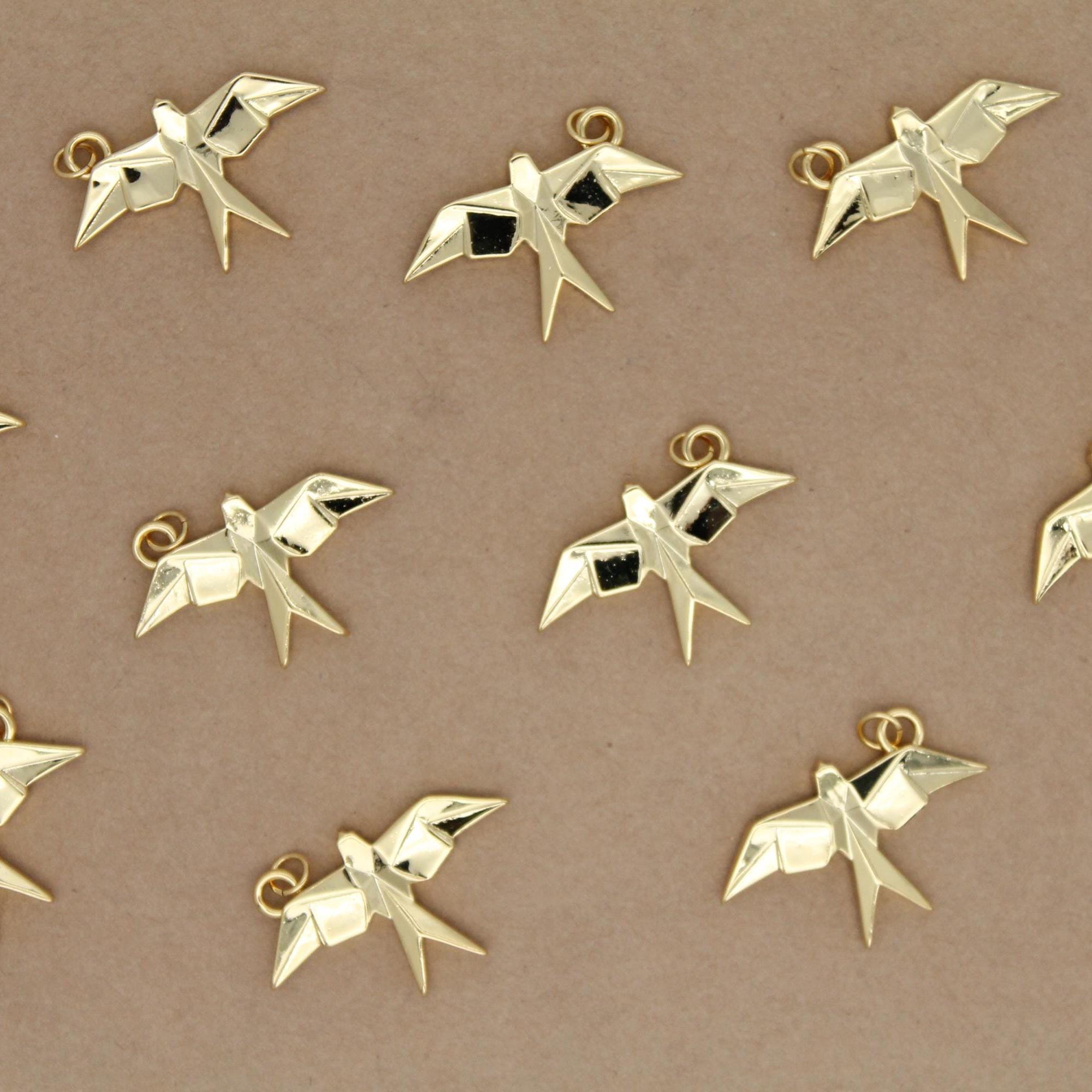2 pc. Origami Bird Charms, 18K Gold Plated Swallows, 32.5mm x 20.5mm x 4mm | MIS-163**