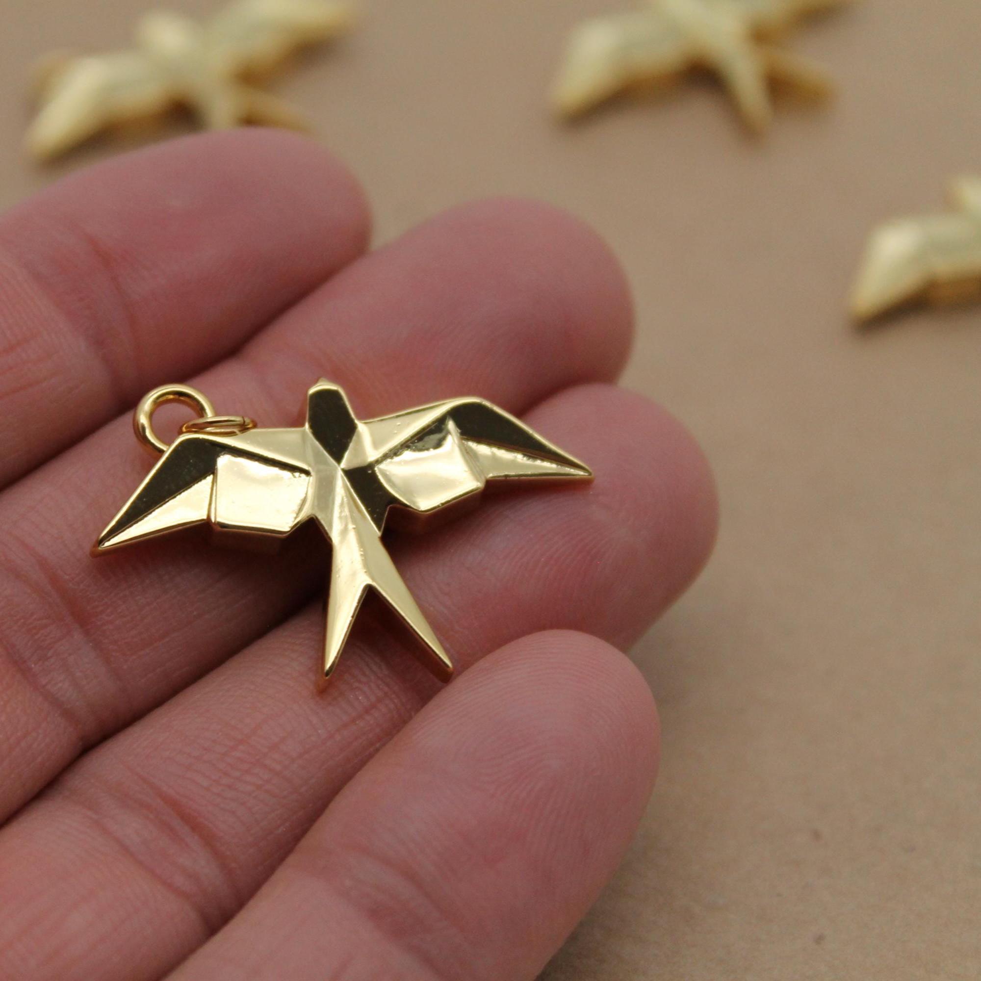 2 pc. Origami Bird Charms, 18K Gold Plated Swallows, 32.5mm x 20.5mm x 4mm | MIS-163**