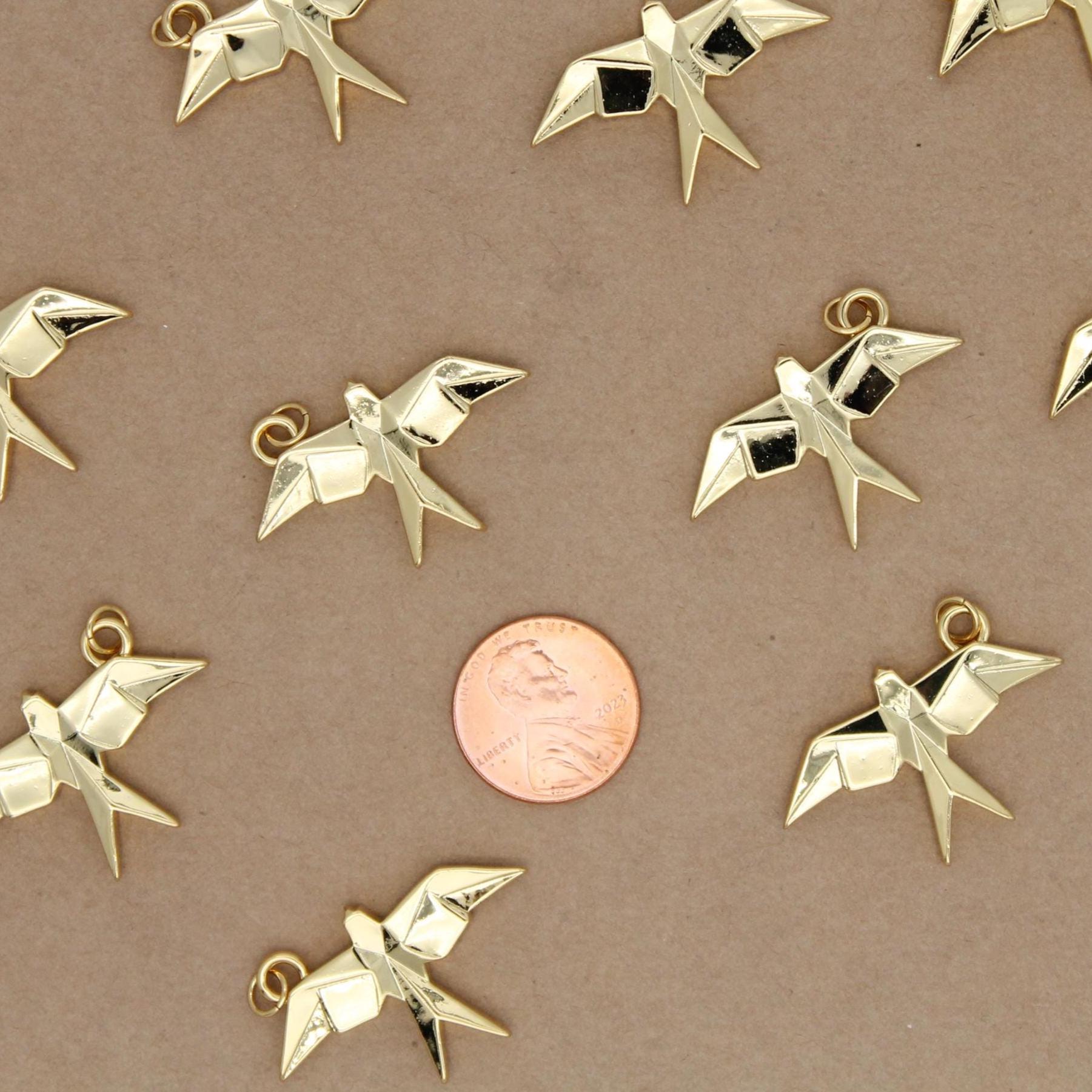 2 pc. Origami Bird Charms, 18K Gold Plated Swallows, 32.5mm x 20.5mm x 4mm | MIS-163**