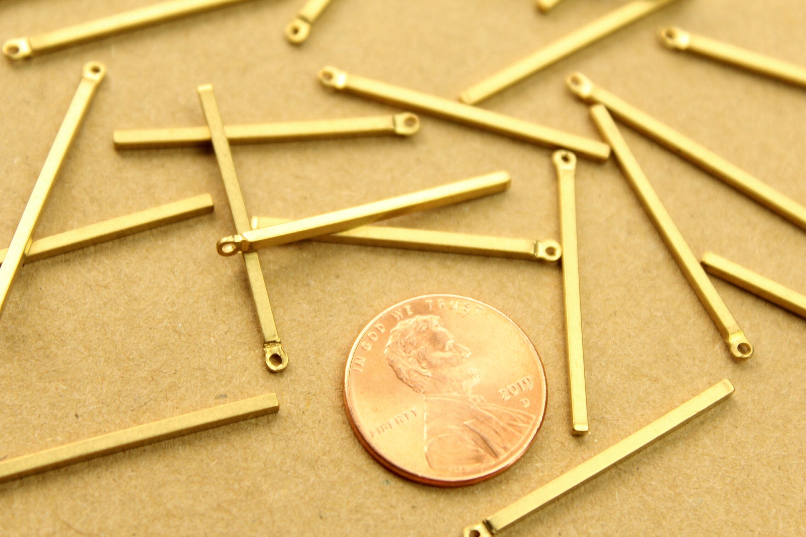 12 pc. Raw Brass Narrow Bar Charms with One Hole: 30mm by 1.5mm | MIS-176*